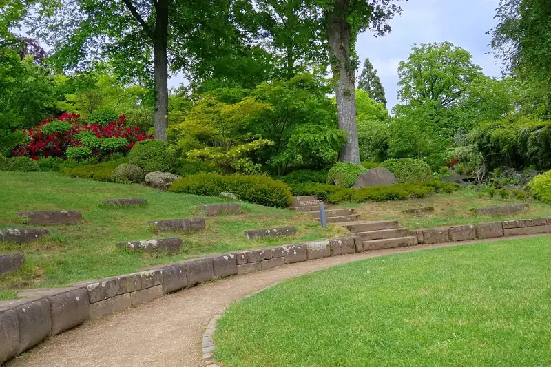 Well-kept lawn, stone steps and mature shade trees in a landscaped common area